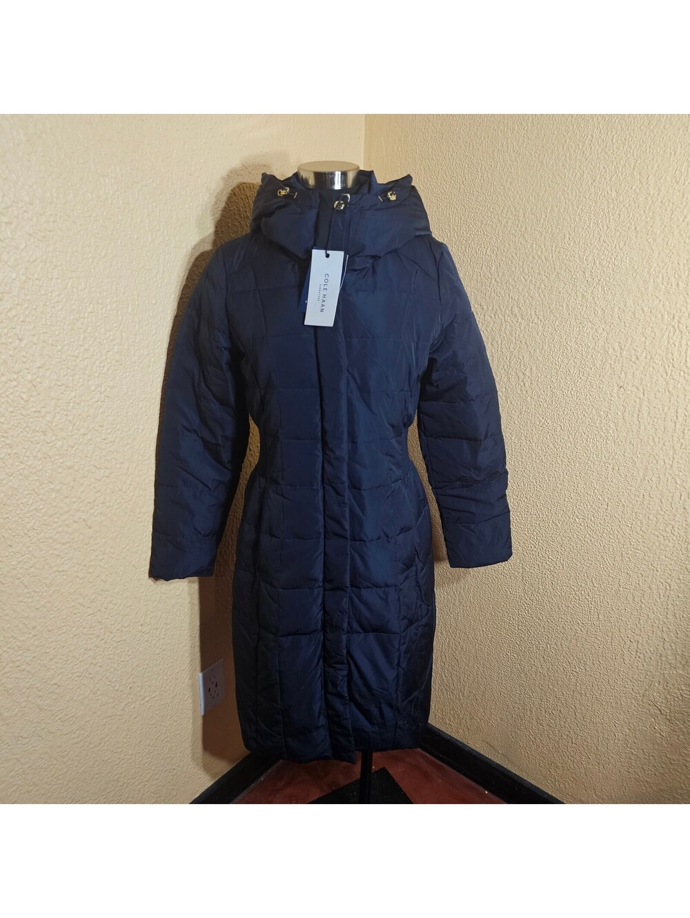 Cole Haan Women's Navy Hooded Long Puffer Coat Small
